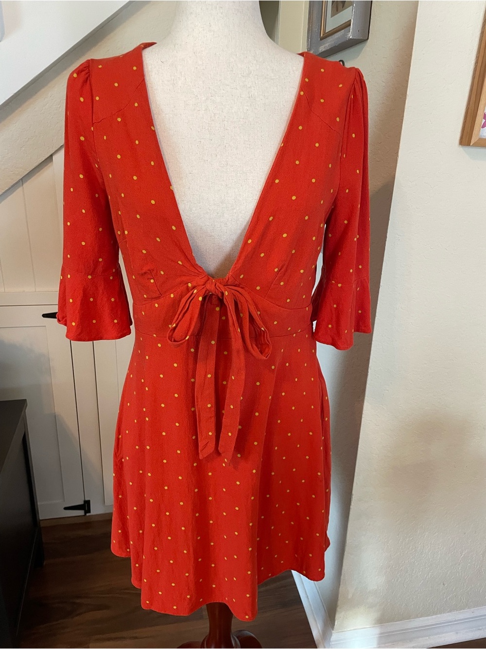Free People All Yours Mini Dress Flame Orange Yellow Polka Dot Plunge Neck 10